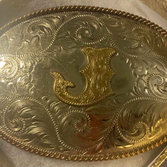 Vintage Metal Belt Buckle, Silver and Brass, Initial J, Letter J, Montana Silver - Picture 1 of 5
